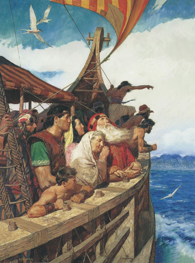 Lehi y su familia, del Libro de Mormón, navegan hacia la tierra prometida