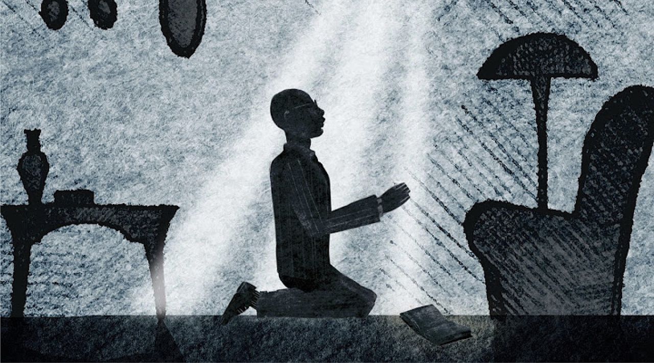 Ilustración de un hombre arrodillado en oración en su sala de estar