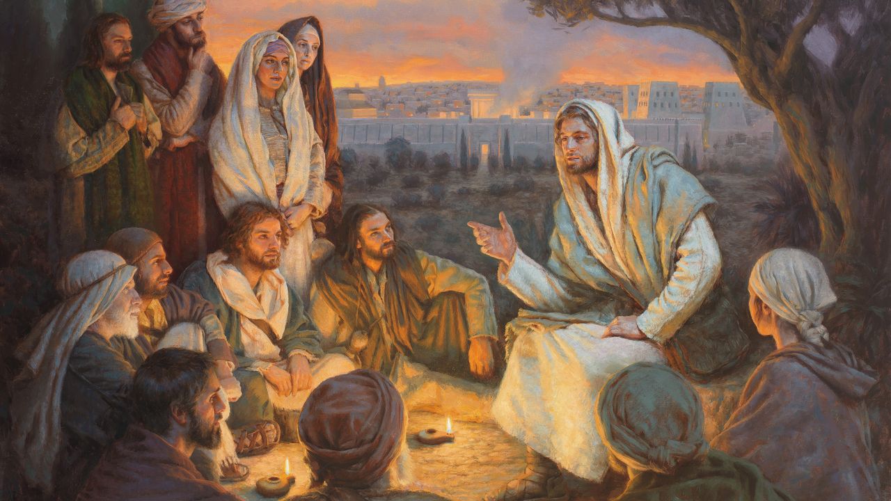 Jesucristo enseña a Sus discípulos en una colina con vistas a las puertas de la ciudad de Jerusalén