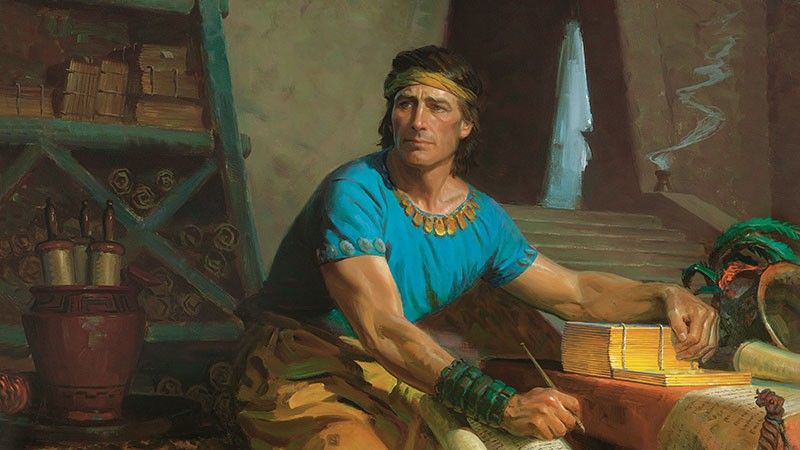 Mormón, el autor principal del Libro de Mormón, transcribe las planchas de oro en una cueva